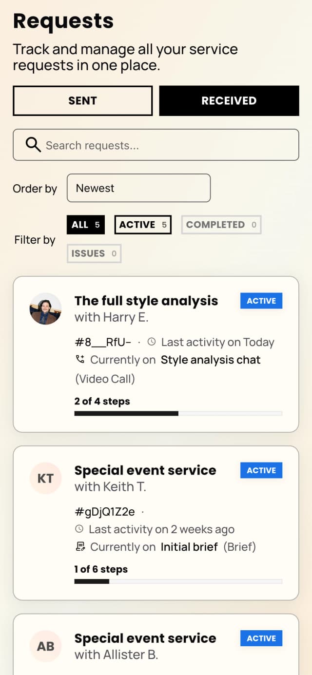Creator request inbox with paid styling requests